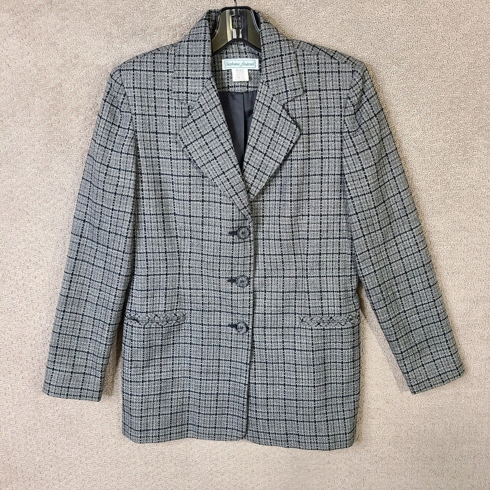Vintage Stephanie Andrews Jacket Womens 2P Gray‎ Black Plaid Blazer Tweed 3 Btn